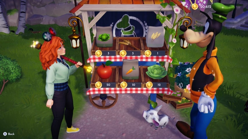 A character buying wheat at Goofy's stall in Disney Dreamlight Valley