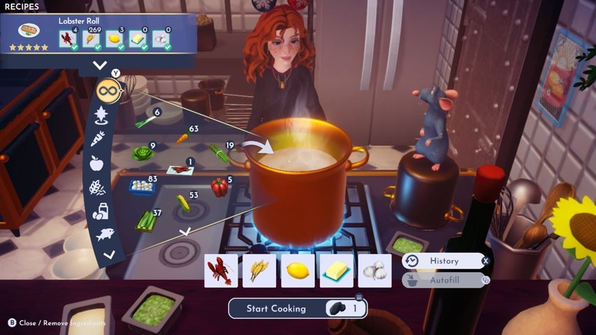 A character cooking Lobster Roll in Disney Dreamlight Valley