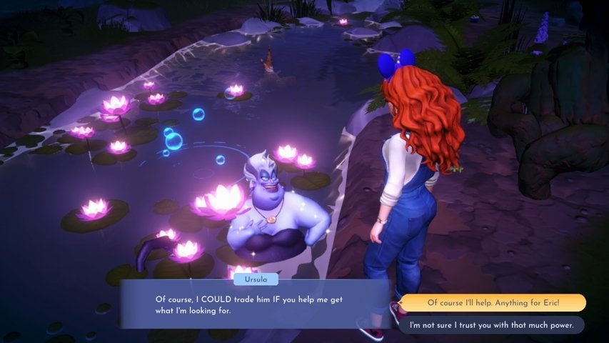 Ursula and a character making a deal to rescue Prince Eric in Disney Dreamlight Valley.