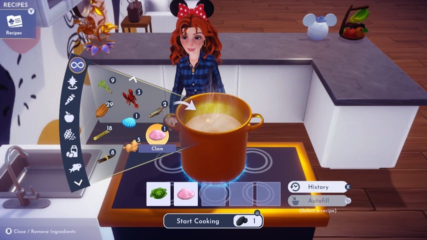 Cooking seafood salad at a stove in Disney Dreamlight Valley