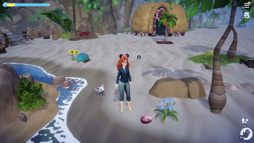 A character searching for clams in Disney Dreamlight Valley