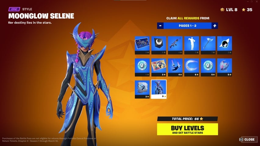 The claim pages screen in Fortnite, showing a Moonglow Selene skin.