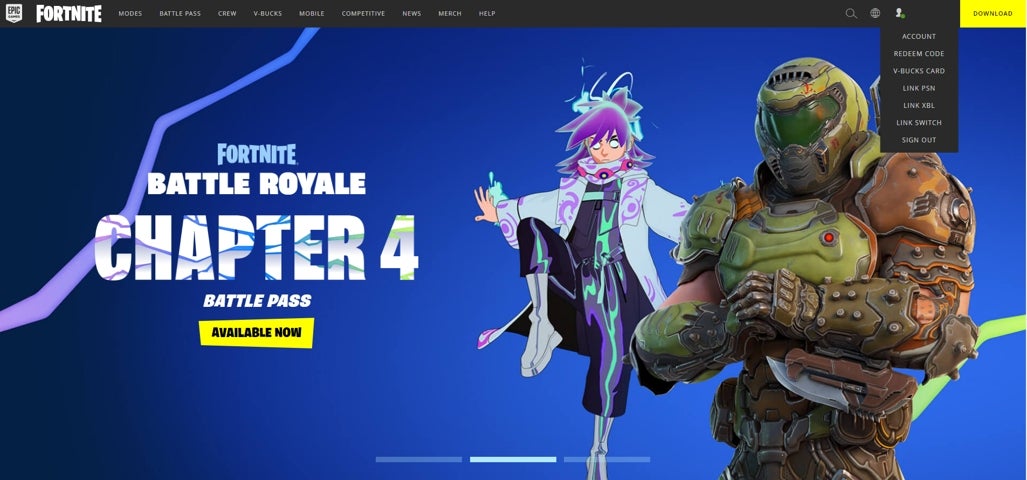 The Fortnite website main page.