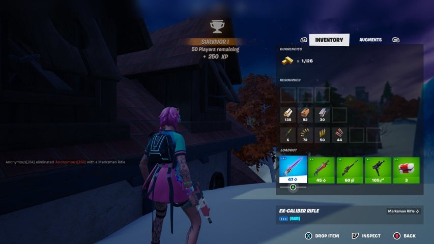 The inventory screen in Fortnite on Xbox