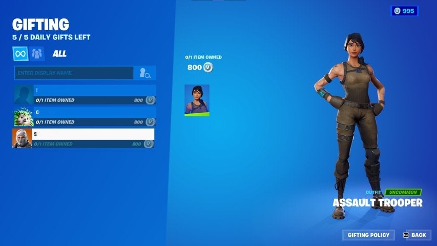 A screen displaying the friends list for selecting who to gift a skin to in Fortnite.