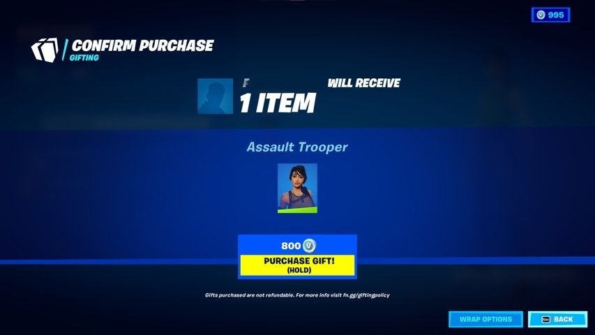A purchase confirmation screen in Fortnite.