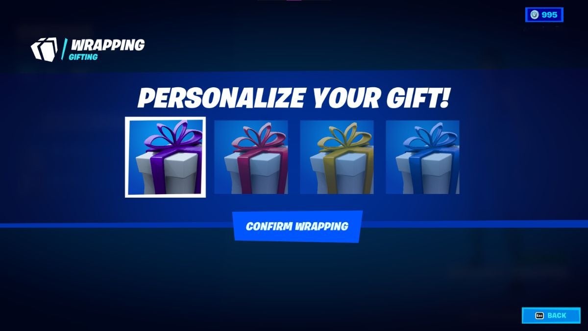 A gift wrapping screen in Fortnite showing different gift boxes.