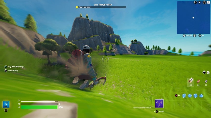 A character sliding on their knees down a slope in Fortnite.