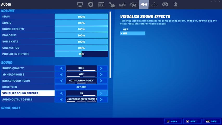 The audio settings screen in Fortnite on PC