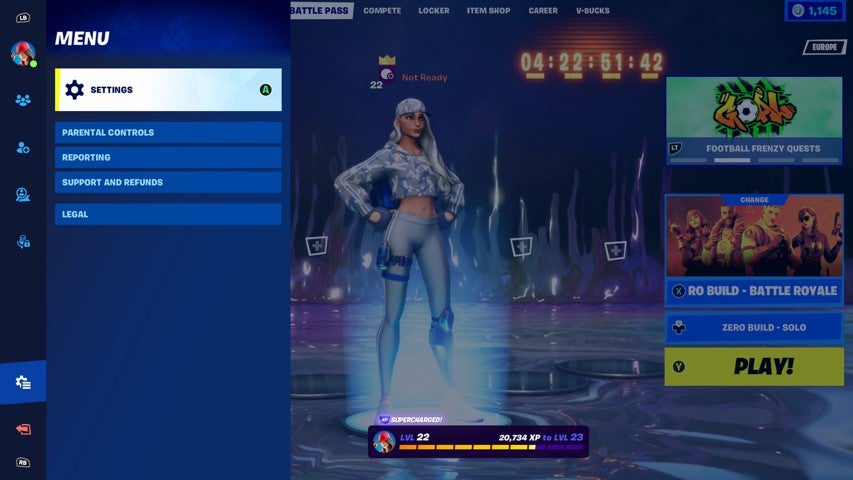 The main lobby in Fortnite, with the settings panel open