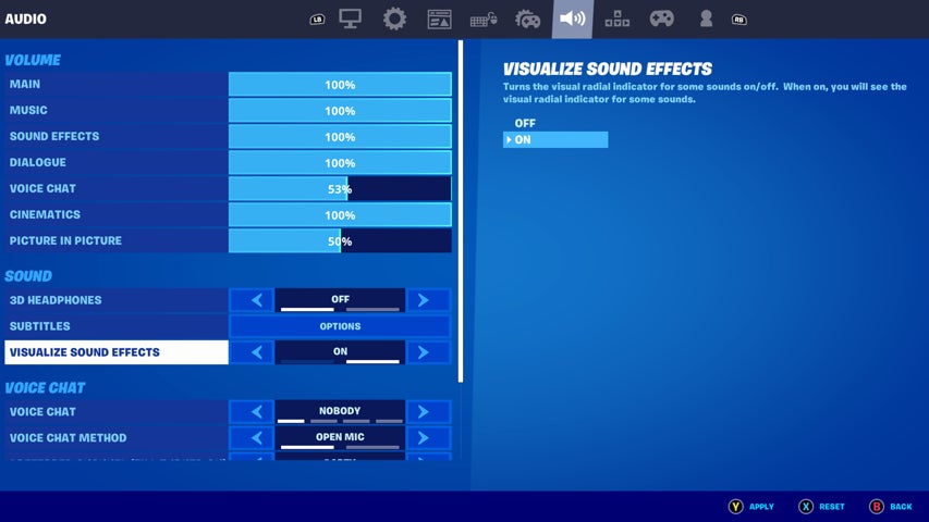 The audio tab in Fortnite's settings screen on Xbox