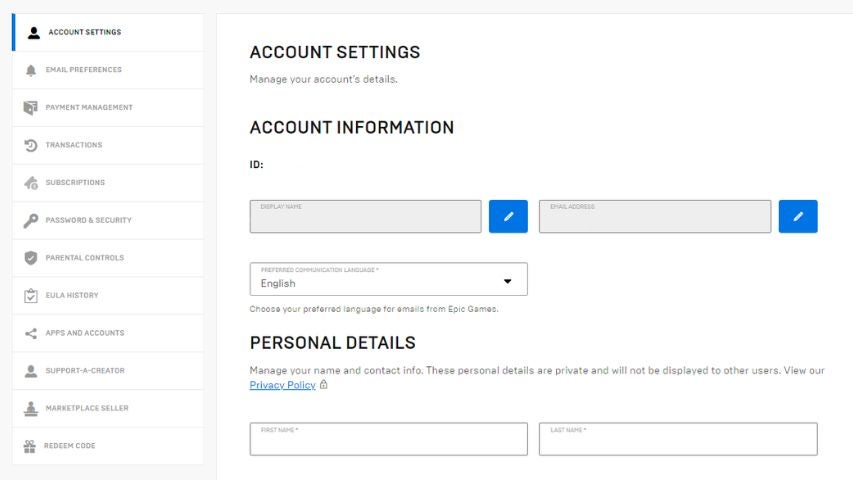 The account settings screen on the Epic Games website