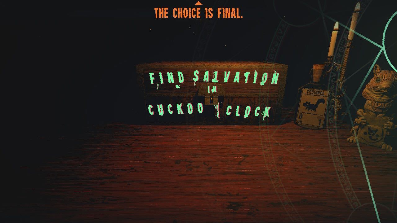 Glowing Green text reading Find Salvation in Cuckoo Cluck.