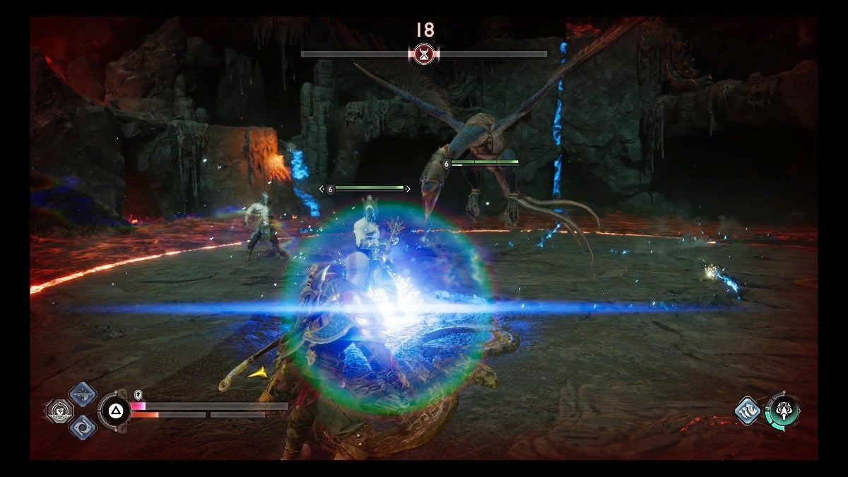 Kratos getting hit by a Wyvern's Bifrost attack.
