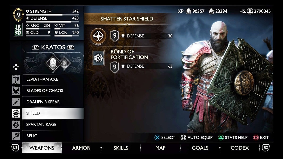 Kratos holding up the Shatter Star Shield in the menu.