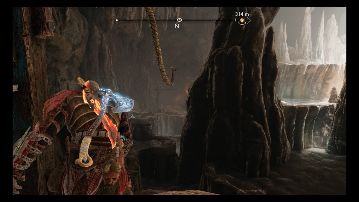 Kratos making a zipline with the Draupnir Spear.