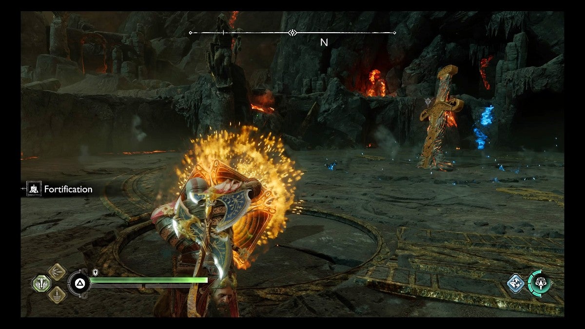 Kratos punching the inside of the Shatter Star Shield to create an explosion.