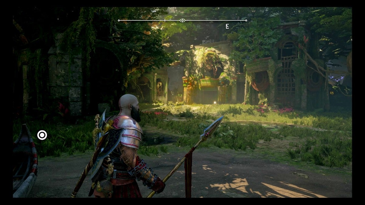 Kratos staring at two troll statues in the distance.