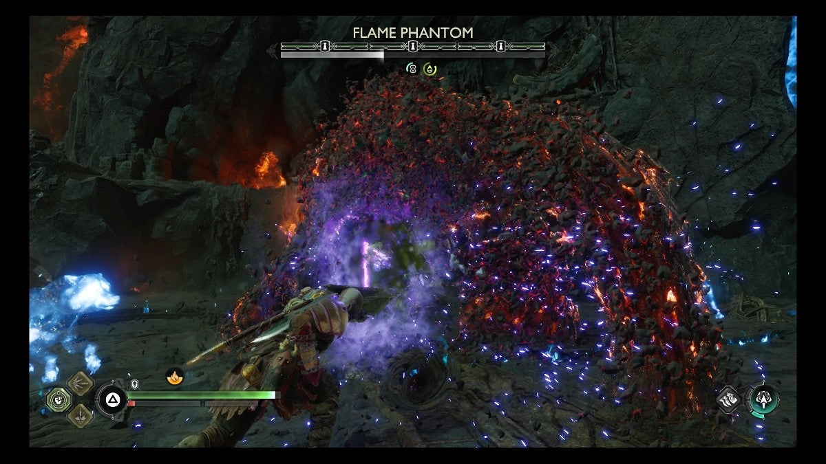 Kratos stunning a Flame Phantom.