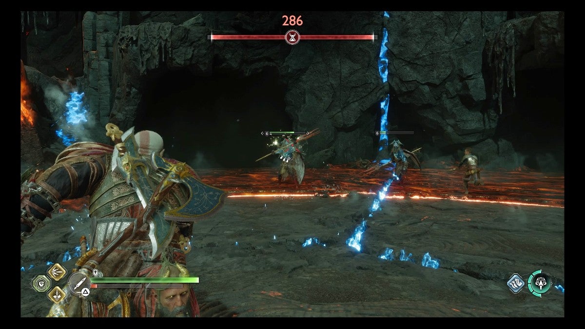 Kratos throwing the Draupnir Spear at a Dark Elf.