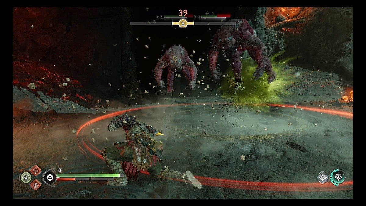 Kratos slamming the ground and knocking two enemies into the air.