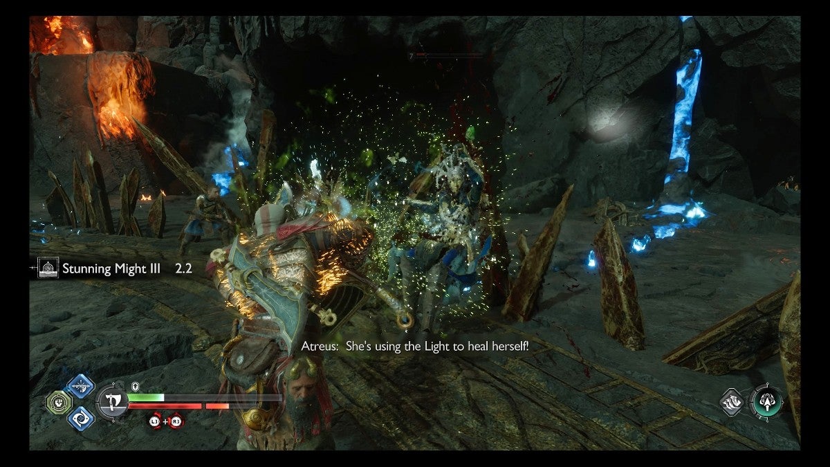 Kratos using a shield strike on a Light Elf Slayer.