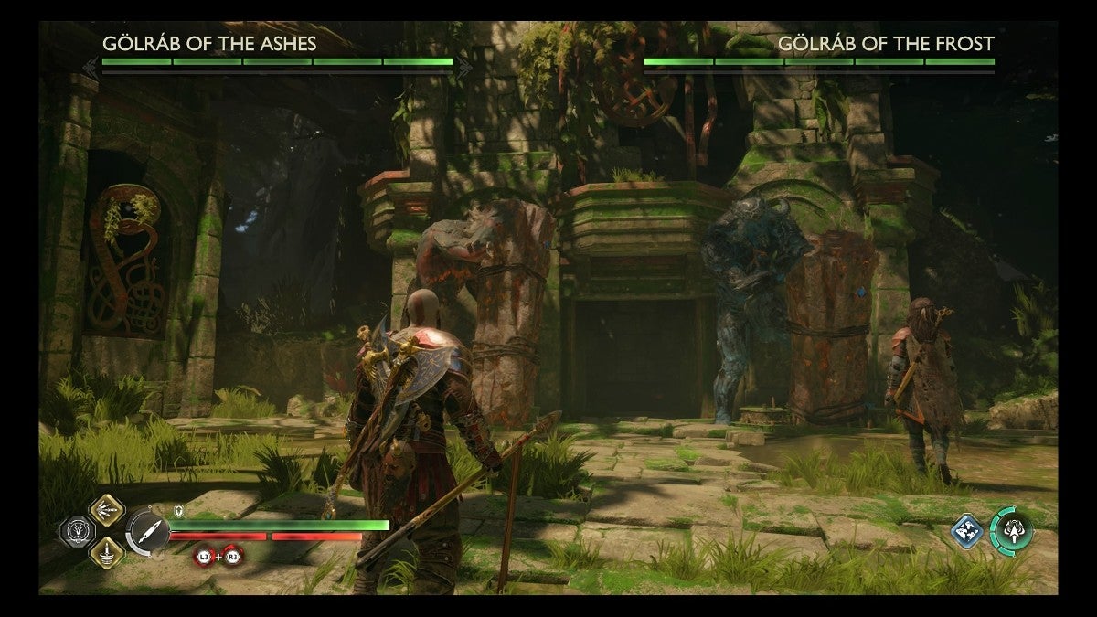 Kratos waking up two troll statues at once.
