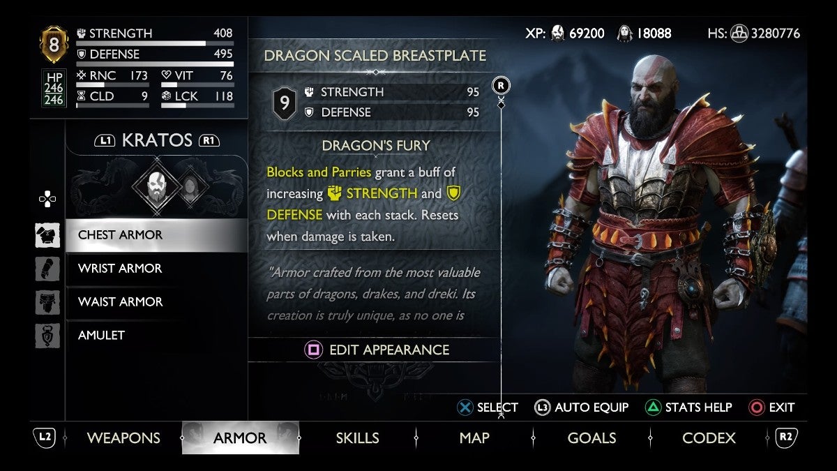 Kratos wearing the Dragon Scaled armor set.