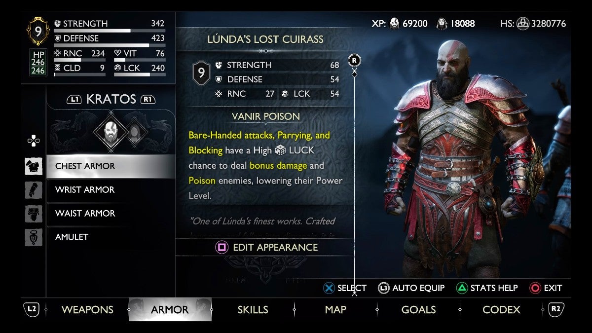 Kratos wearing the Lunda's Lost armor set.