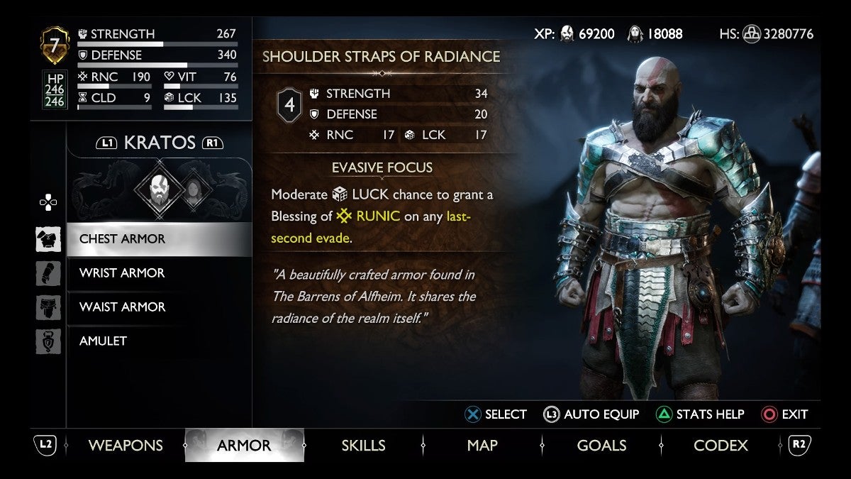 Kratos wearing the Radiance armor set.