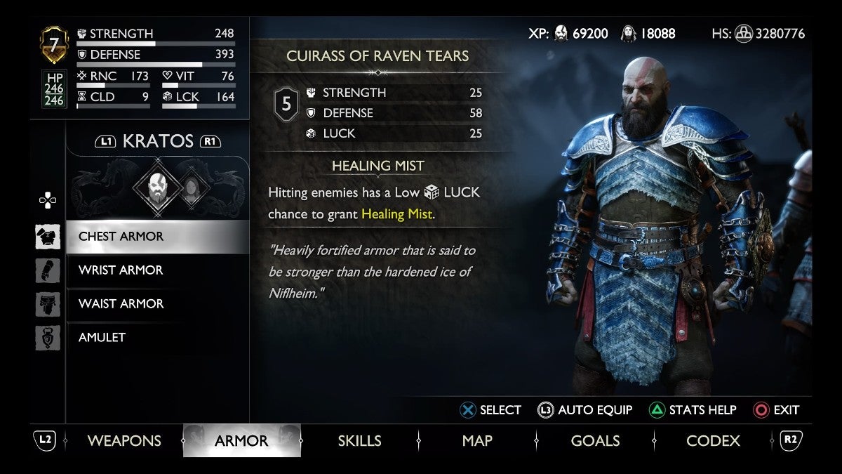 Kratos wearing the Raven Tears armor set.