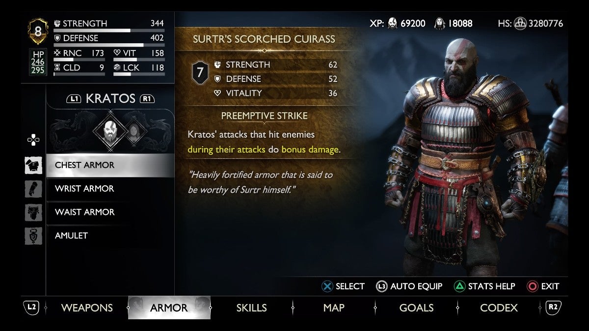 Kratos wearing the Surtr's Scorched armor set.