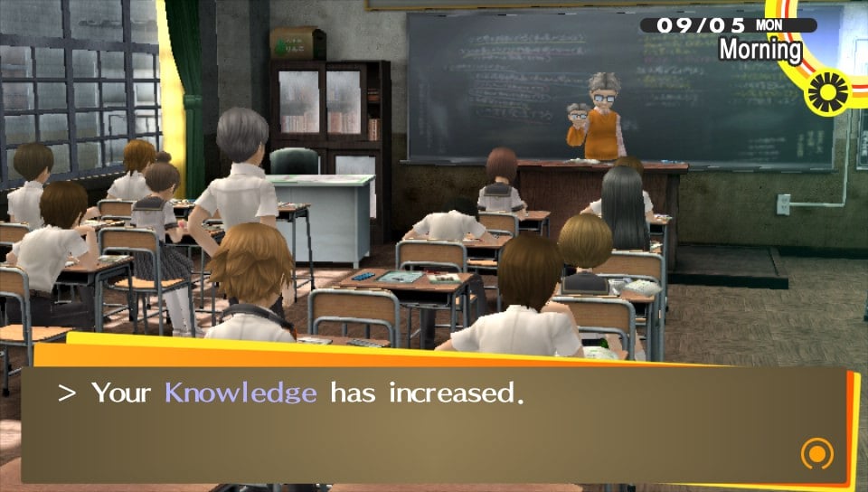 The protagonist in Persona 4 Golden increasing his Knowledge stat.