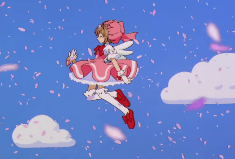 Sakura floating in the sky with cherry blossom petals during the opening theme of Cardcaptor Sakura.