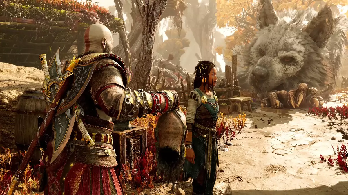 Kratos talking to Angrboda and Fenrir.