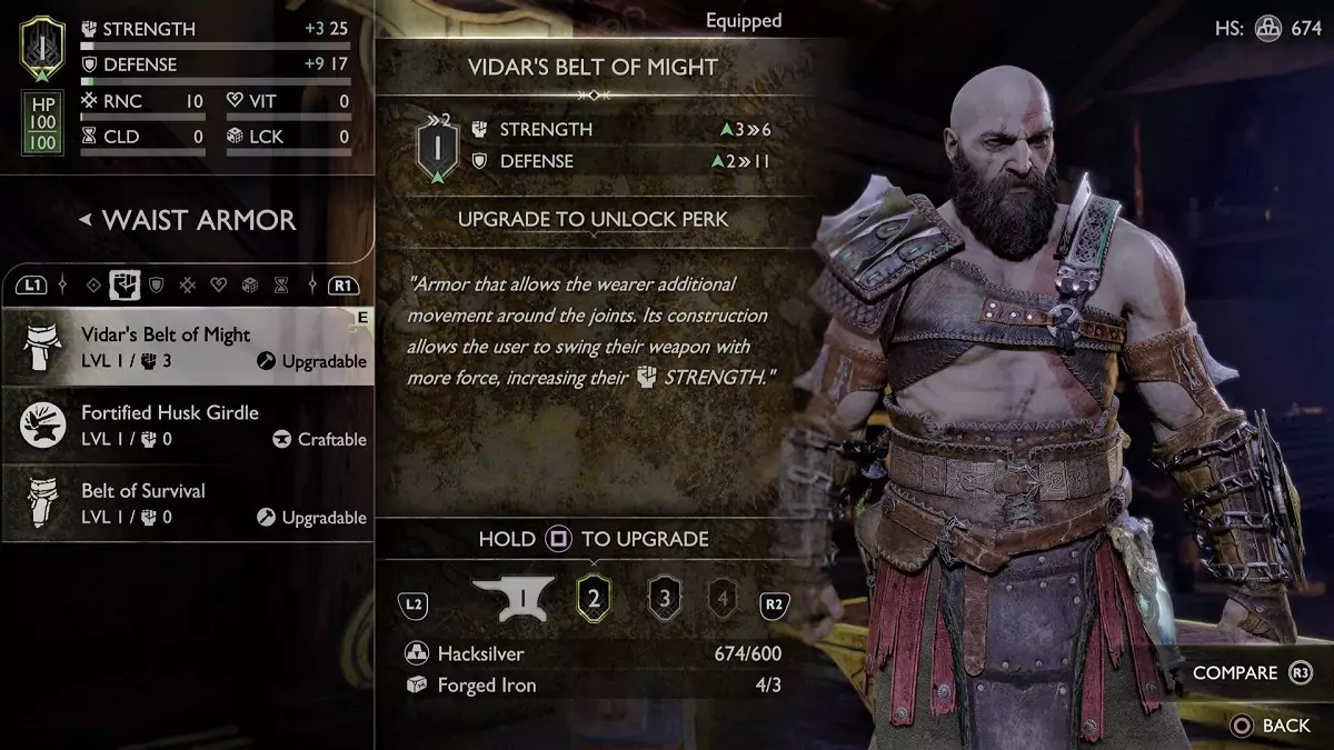 Upgrading an armor piece in God of War Ragnarok.