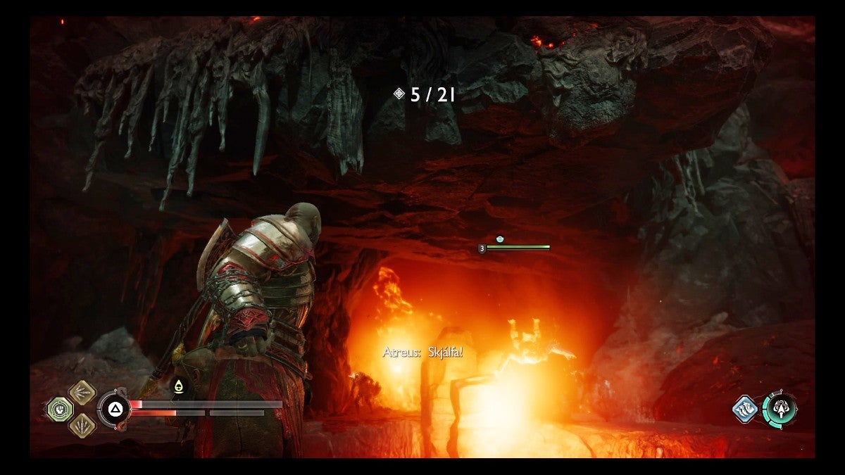 Atreus shooting an enemy, which causes them to fall into a pit of lava.