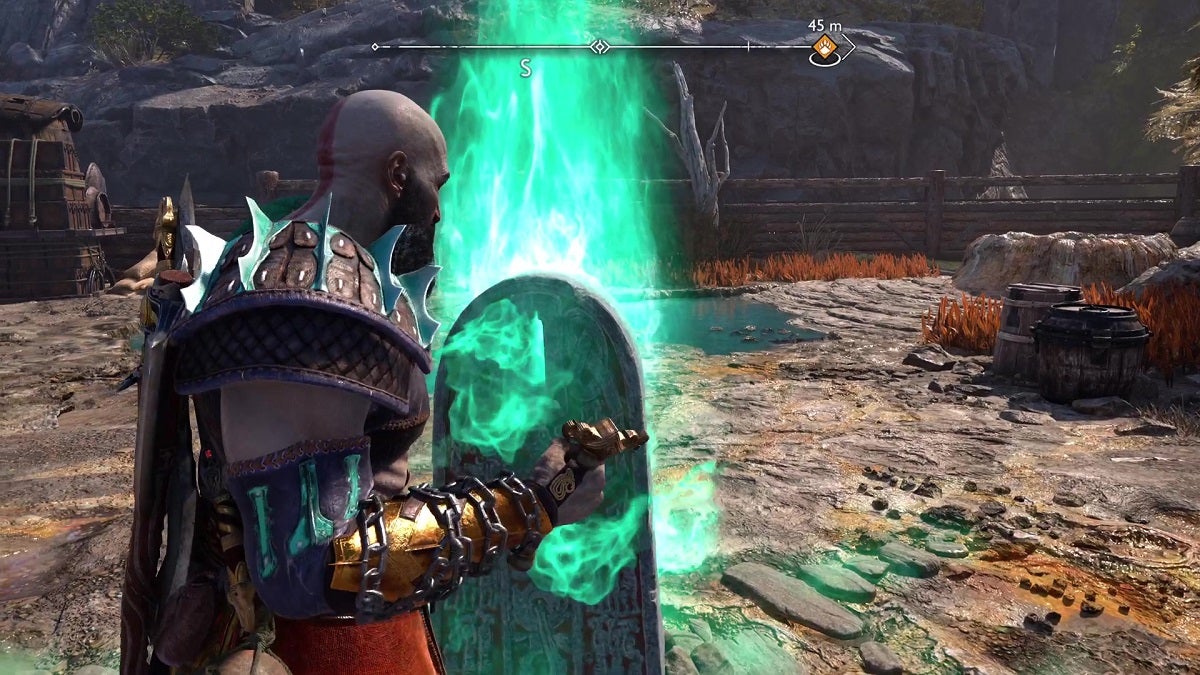 Kratos interacting with a Berserker Gravestone in God of War Ragnarok.