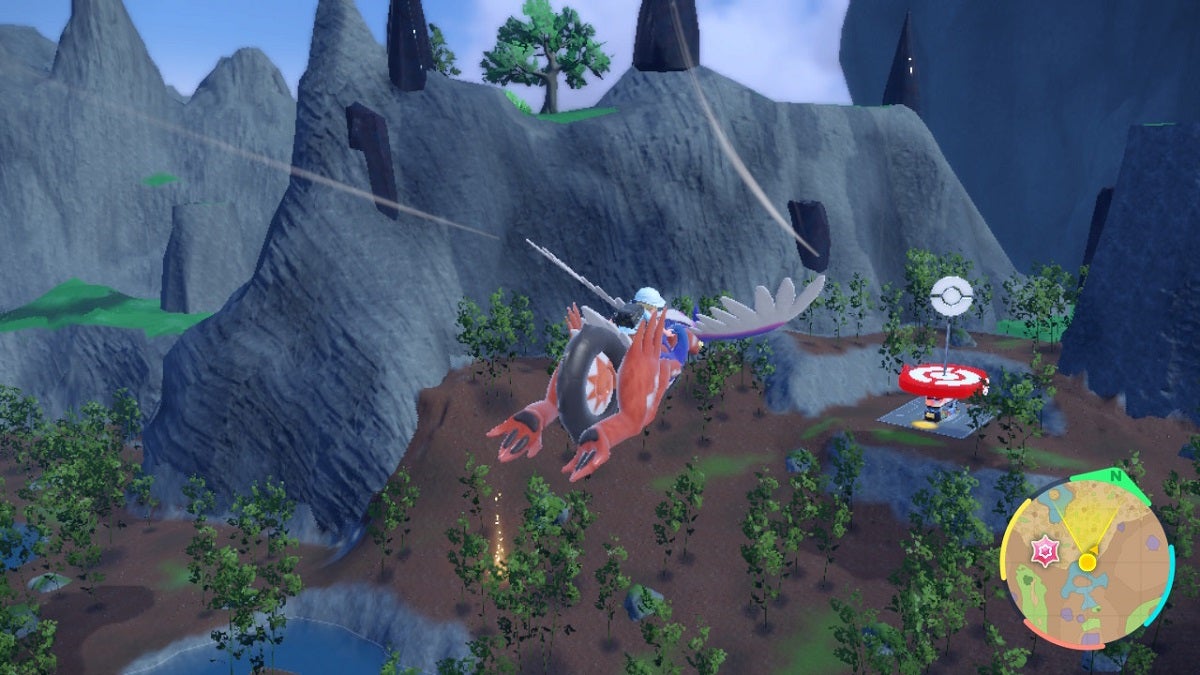 Koraidon gliding through the air.