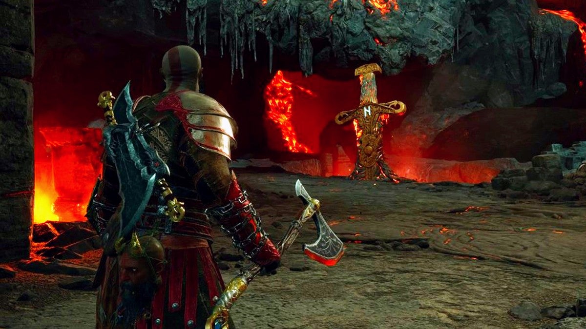 Kratos looking at a Surtr sword with an "N" rune on it.