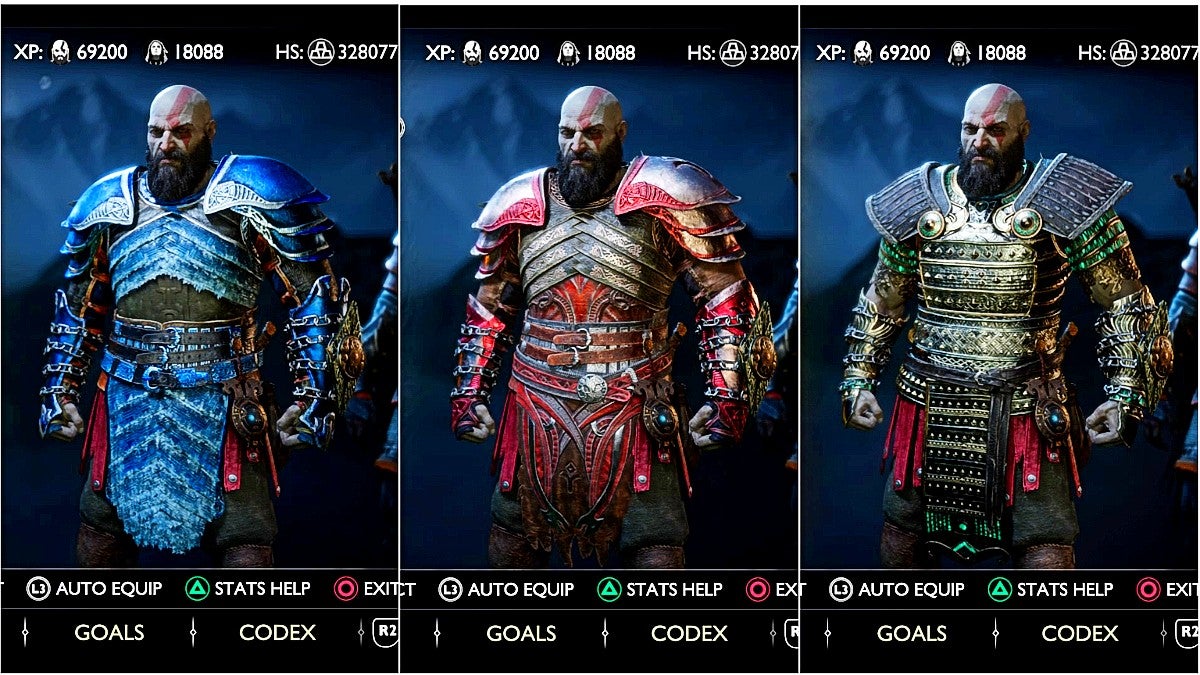 Kratos wearing three different armor sets.