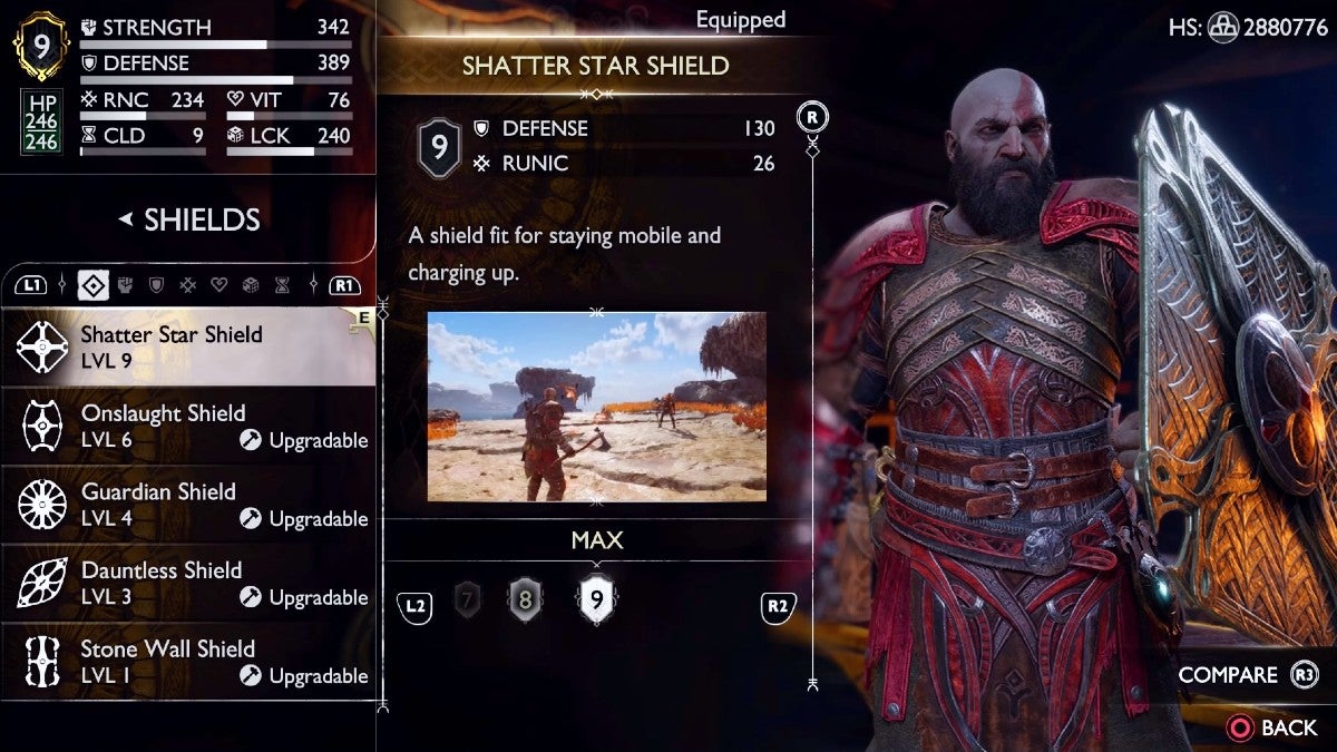 Kratos upgrading his shields at a forge.