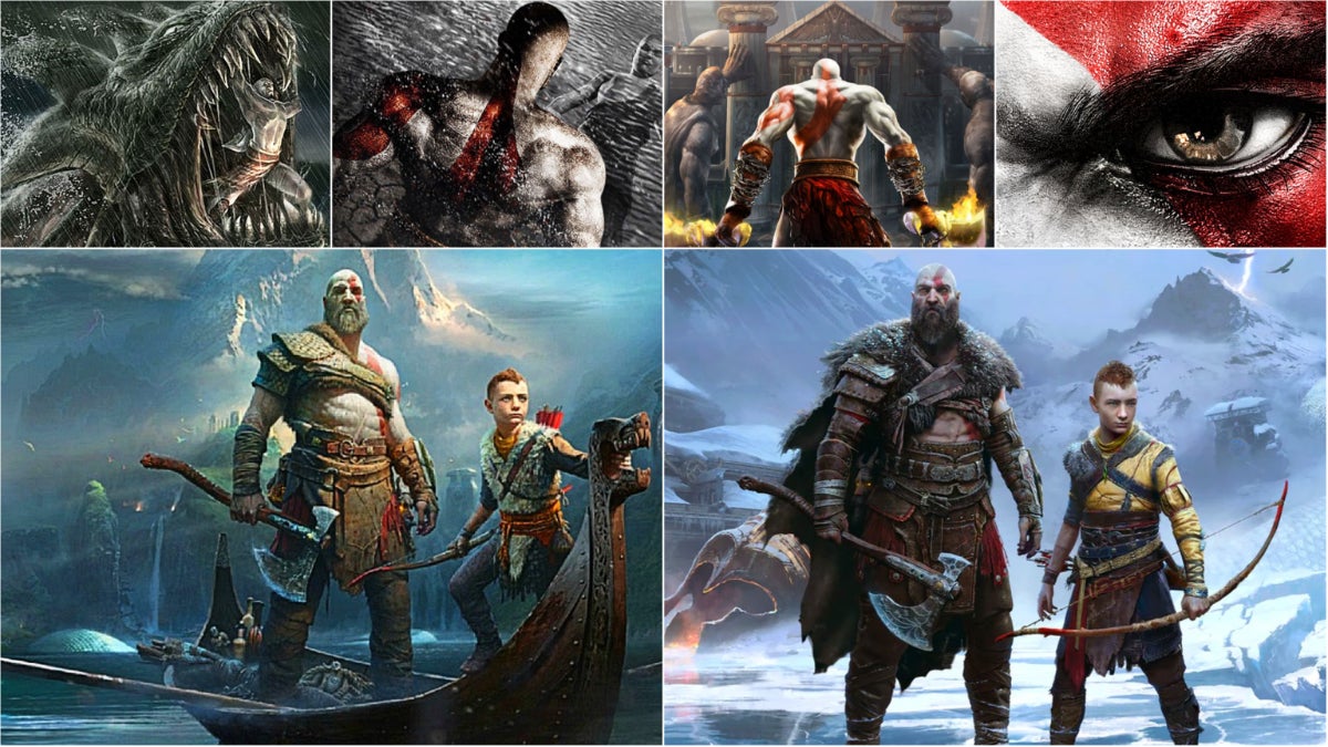 A collage of the artwork from six God of War games.