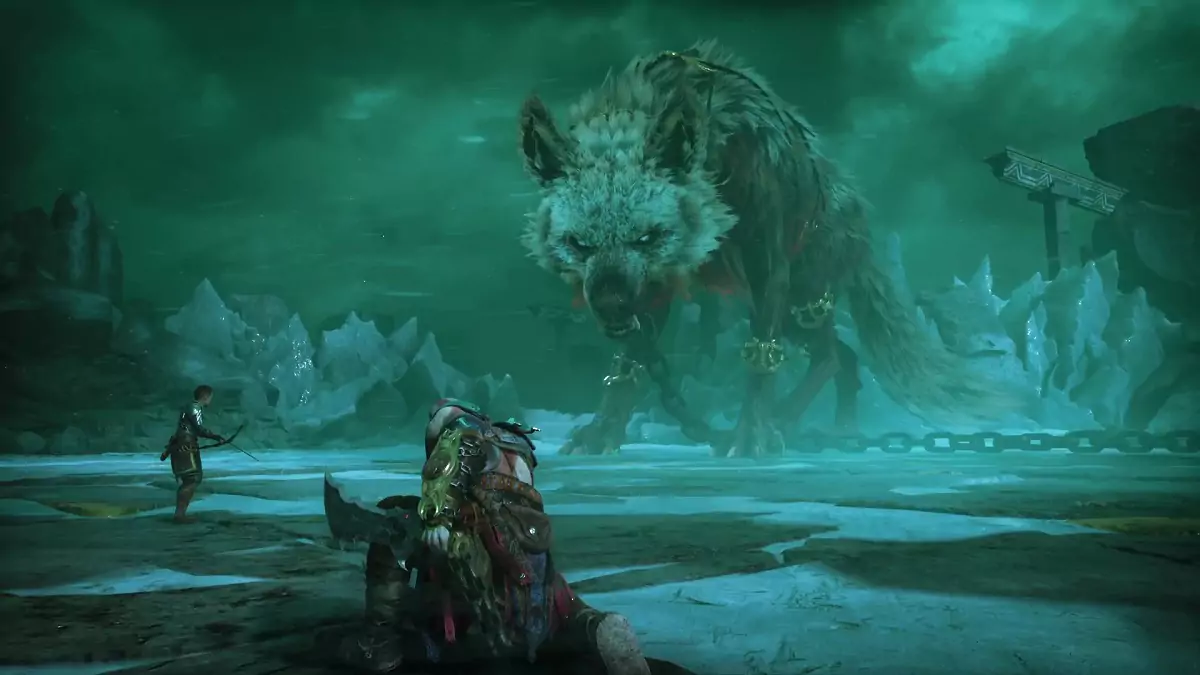 Kratos and Atreus fighting Garm in God of War Ragnarok.