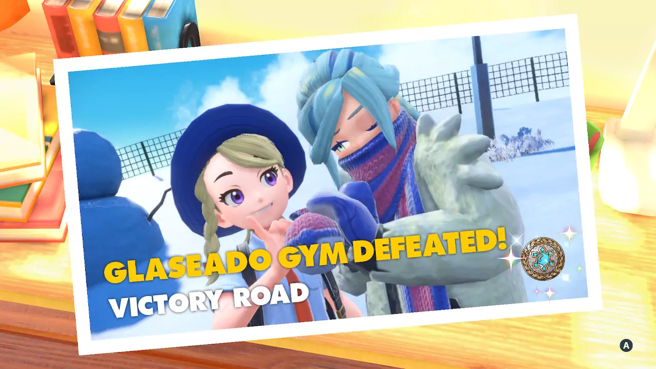 Victory pose after defeating Glaseado Gym.