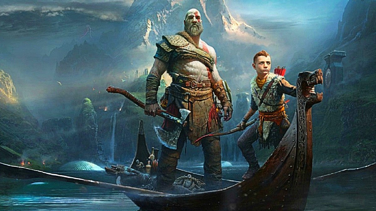 Kratos and a young Atreus on a boat.