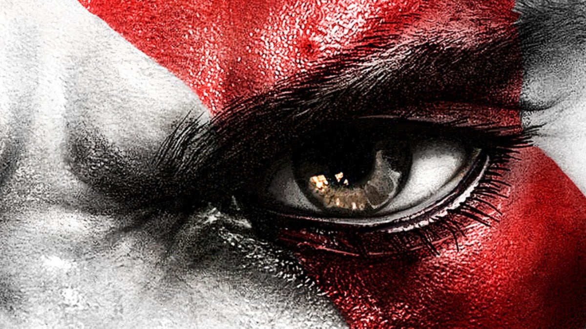 A close-up of Kratos' left eye.