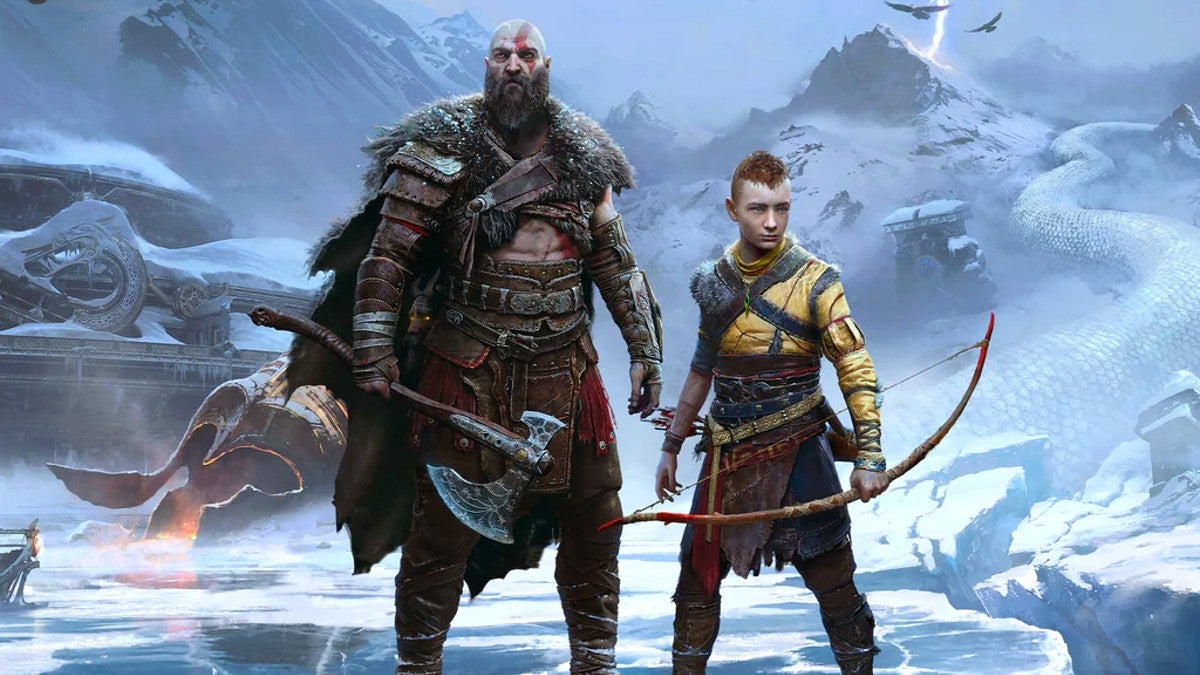 Kratos and Atreus standing on a frozen lake.