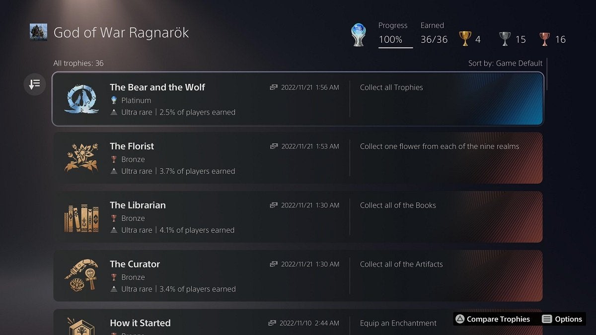 God of War Ragnarok's trophy list.
