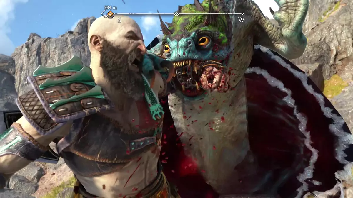 Kratos bitten by a Lyndwyrm.
